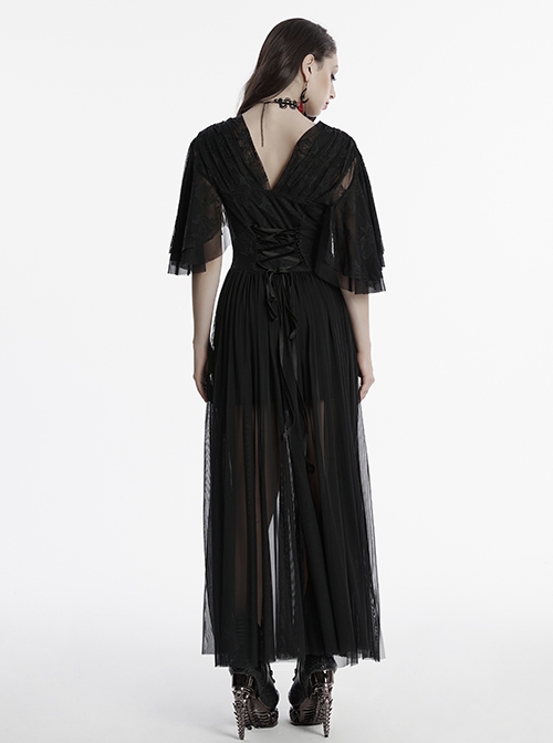 Black Elegant Sexy Deep V Neck Back Drawstring Design Retro Wave Sleeves Gothic Style Dress