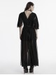 Black Elegant Sexy Deep V Neck Back Drawstring Design Retro Wave Sleeves Gothic Style Dress