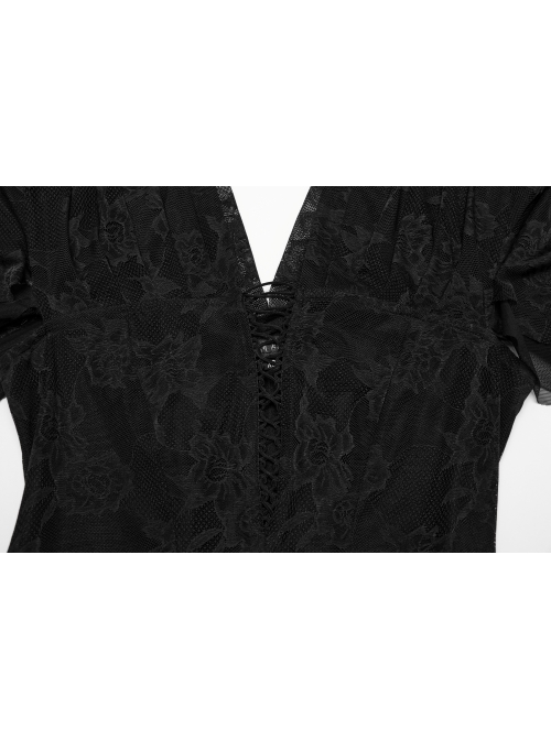 Black Elegant Sexy Deep V Neck Back Drawstring Design Retro Wave Sleeves Gothic Style Dress