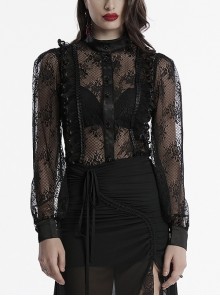 Black Sexy Lace See Through Exquisite Rose Button Back Drawstring Design Gothic Style Long Sleeves Shirt