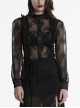 Black Sexy Lace See Through Exquisite Rose Button Back Drawstring Design Gothic Style Long Sleeves Shirt