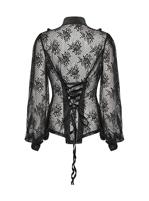 Black Sexy Lace See Through Exquisite Rose Button Back Drawstring Design Gothic Style Long Sleeves Shirt