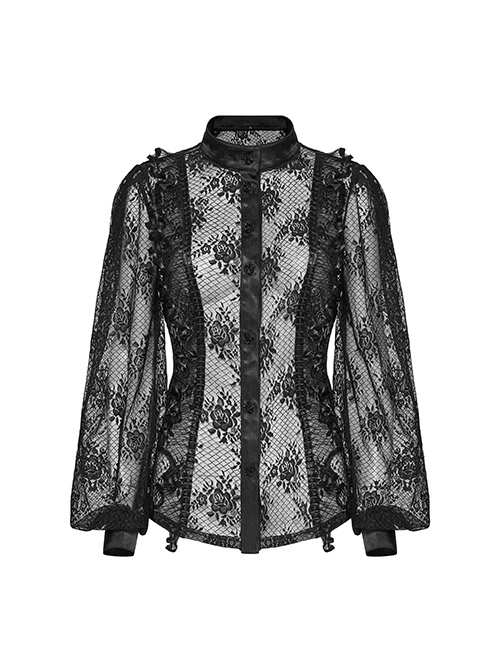 Black Sexy Lace See Through Exquisite Rose Button Back Drawstring Design Gothic Style Long Sleeves Shirt