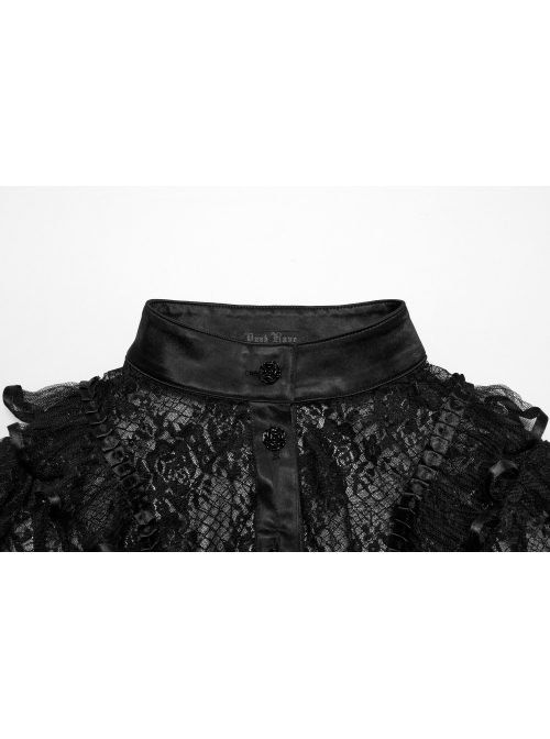 Black Sexy Lace See Through Exquisite Rose Button Back Drawstring Design Gothic Style Long Sleeves Shirt