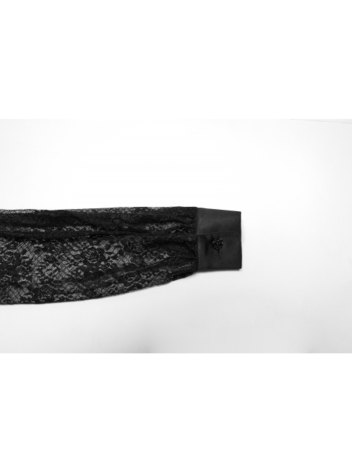 Black Sexy Lace See Through Exquisite Rose Button Back Drawstring Design Gothic Style Long Sleeves Shirt