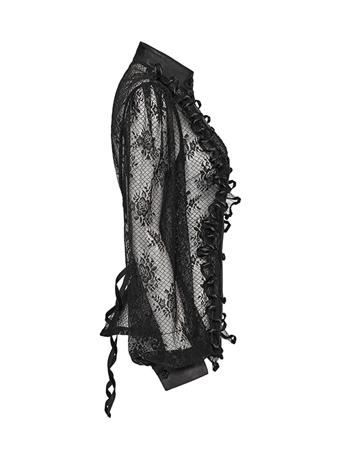Black Sexy Lace See Through Exquisite Rose Button Back Drawstring Design Gothic Style Long Sleeves Shirt