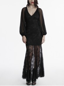 Black Sexy Slim Fit Deep V Neck Lace Mesh Splicing Exquisite Rose Dark Pattern Gothic Style Long Sleeves Dress