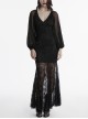 Black Sexy Slim Fit Deep V Neck Lace Mesh Splicing Exquisite Rose Dark Pattern Gothic Style Long Sleeves Dress