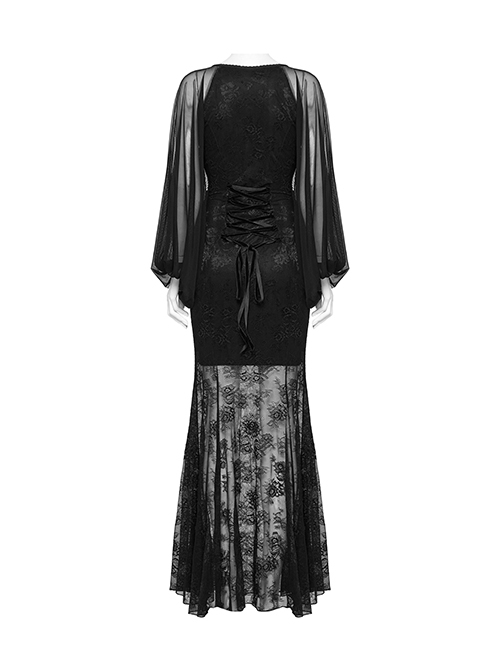 Black Sexy Slim Fit Deep V Neck Lace Mesh Splicing Exquisite Rose Dark Pattern Gothic Style Long Sleeves Dress