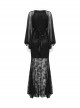 Black Sexy Slim Fit Deep V Neck Lace Mesh Splicing Exquisite Rose Dark Pattern Gothic Style Long Sleeves Dress