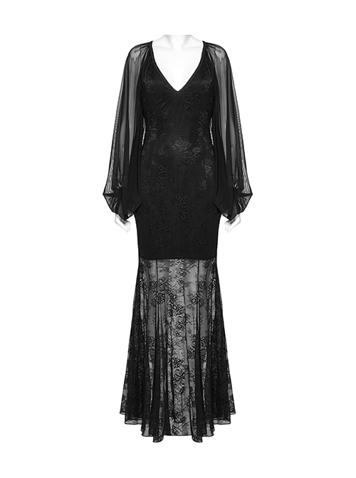 Black Sexy Slim Fit Deep V Neck Lace Mesh Splicing Exquisite Rose Dark Pattern Gothic Style Long Sleeves Dress