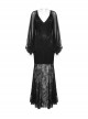 Black Sexy Slim Fit Deep V Neck Lace Mesh Splicing Exquisite Rose Dark Pattern Gothic Style Long Sleeves Dress