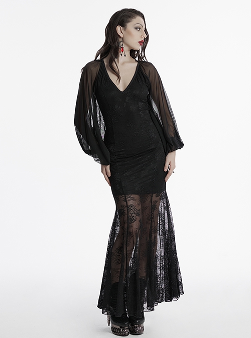 Black Sexy Slim Fit Deep V Neck Lace Mesh Splicing Exquisite Rose Dark Pattern Gothic Style Long Sleeves Dress