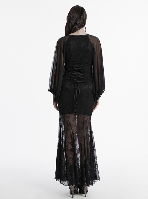 Black Sexy Slim Fit Deep V Neck Lace Mesh Splicing Exquisite Rose Dark Pattern Gothic Style Long Sleeves Dress