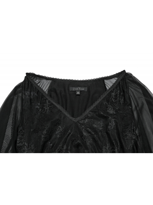 Black Sexy Slim Fit Deep V Neck Lace Mesh Splicing Exquisite Rose Dark Pattern Gothic Style Long Sleeves Dress