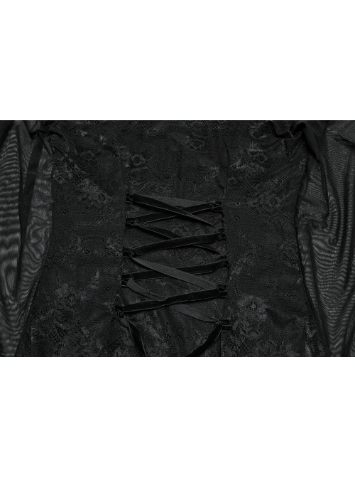 Black Sexy Slim Fit Deep V Neck Lace Mesh Splicing Exquisite Rose Dark Pattern Gothic Style Long Sleeves Dress