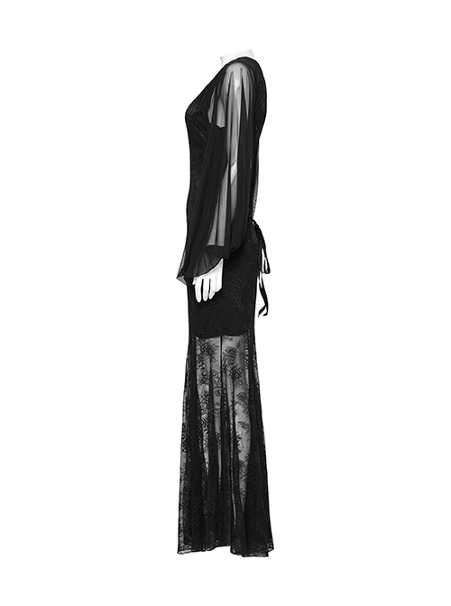 Black Sexy Slim Fit Deep V Neck Lace Mesh Splicing Exquisite Rose Dark Pattern Gothic Style Long Sleeves Dress