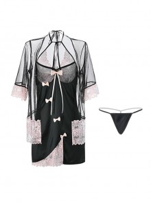 Black Tulle Pink Lace Exposed Chest Halter Neck Backless Slit Hem Nightdress Robe Sexy Lingerie Set