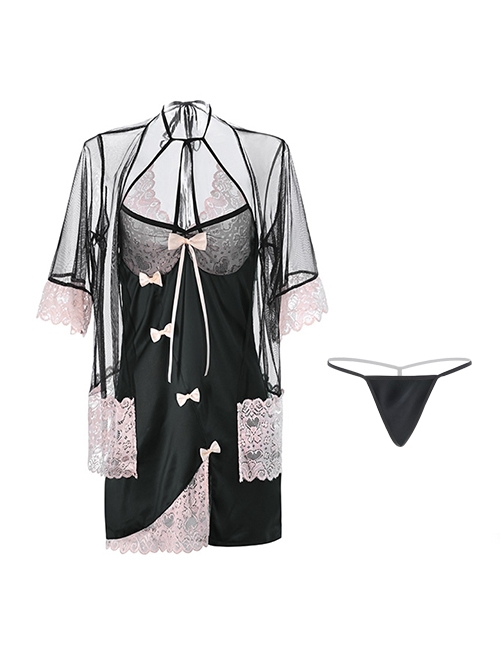 Black Tulle Pink Lace Exposed Chest Halter Neck Backless Slit Hem Nightdress Robe Sexy Lingerie Set