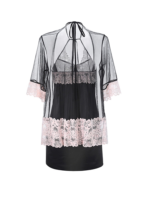 Black Tulle Pink Lace Exposed Chest Halter Neck Backless Slit Hem Nightdress Robe Sexy Lingerie Set
