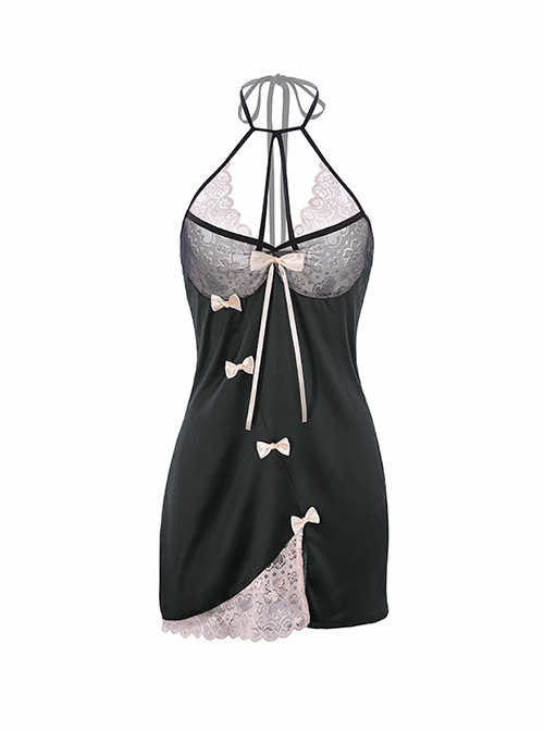 Black Tulle Pink Lace Exposed Chest Halter Neck Backless Slit Hem Nightdress Robe Sexy Lingerie Set