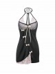 Black Tulle Pink Lace Exposed Chest Halter Neck Backless Slit Hem Nightdress Robe Sexy Lingerie Set