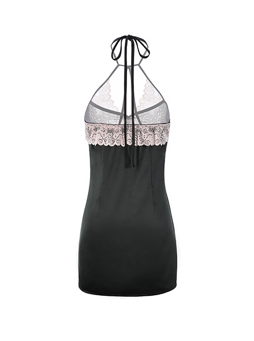 Black Tulle Pink Lace Exposed Chest Halter Neck Backless Slit Hem Nightdress Robe Sexy Lingerie Set