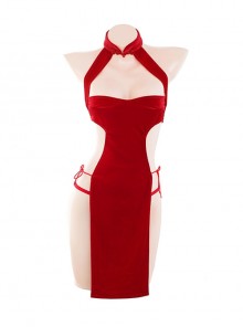 Chinese Style Red Velvet Cheongsam Stand-Up Collar Exposed Chest High Slit Split Binding Bands Sexy Lingerie Set