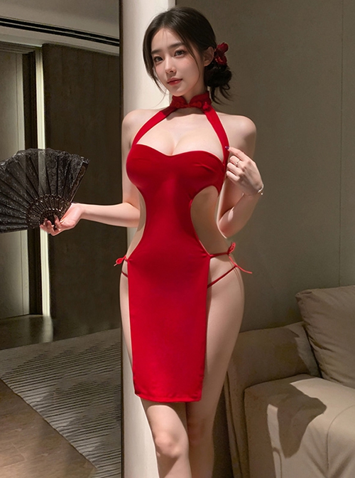 Chinese Style Red Velvet Cheongsam Stand-Up Collar Exposed Chest High Slit Split Binding Bands Sexy Lingerie Set