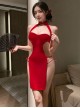 Chinese Style Red Velvet Cheongsam Stand-Up Collar Exposed Chest High Slit Split Binding Bands Sexy Lingerie Set