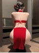 Chinese Style Red Velvet Cheongsam Stand-Up Collar Exposed Chest High Slit Split Binding Bands Sexy Lingerie Set