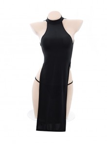 Chinese Style Halter Neck Cheongsam Sleeveless Hollow Backless High Slit Nightdress Sexy Lingerie Set
