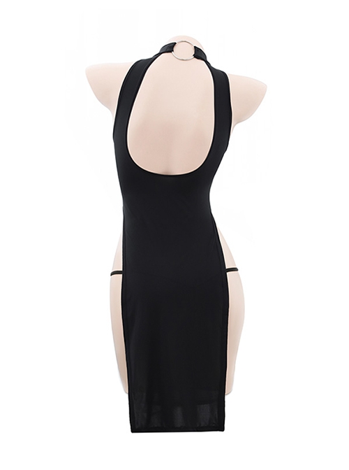 Chinese Style Halter Neck Cheongsam Sleeveless Hollow Backless High Slit Nightdress Sexy Lingerie Set