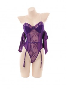 Underwire Push-Up See-Through Open Crotch Jumpsuit Satin Lace-Up Backless Sexy Lingerie Set
