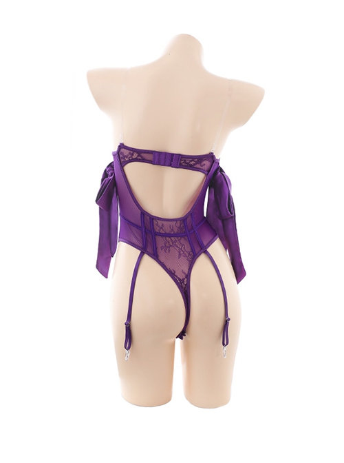 Underwire Push-Up See-Through Open Crotch Jumpsuit Satin Lace-Up Backless Sexy Lingerie Set