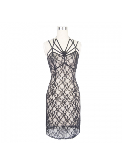 Off-Shoulder Lace-Up Black Gothic Rose Mesh Dress
