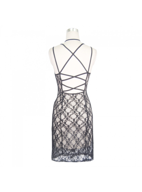 Off-Shoulder Lace-Up Black Gothic Rose Mesh Dress