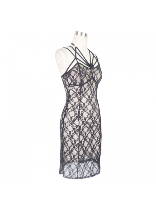 Off-Shoulder Lace-Up Black Gothic Rose Mesh Dress