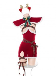 Christmas Carnival Night Ribbon Bondage Little Elk Exposed Chest Red Hip Dress Sexy Lingerie Set