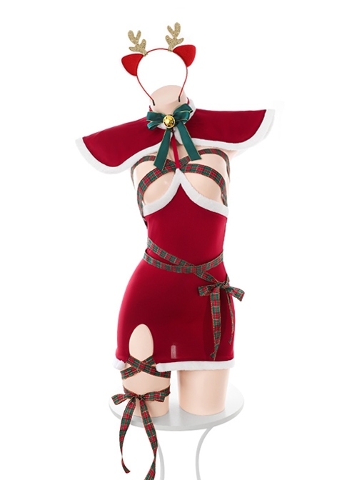 Christmas Carnival Night Ribbon Bondage Little Elk Exposed Chest Red Hip Dress Sexy Lingerie Set