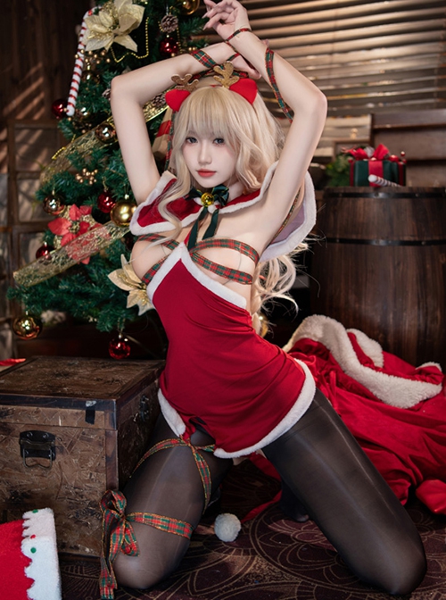 Christmas Carnival Night Ribbon Bondage Little Elk Exposed Chest Red Hip Dress Sexy Lingerie Set