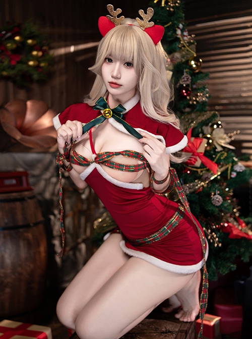 Christmas Carnival Night Ribbon Bondage Little Elk Exposed Chest Red Hip Dress Sexy Lingerie Set