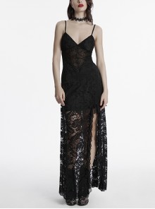 Black Elegant Sexy V Neck Lace Ruffle High Slit Design Daily Versatile Gothic Style Suspender Dress
