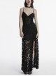 Black Elegant Sexy V Neck Lace Ruffle High Slit Design Daily Versatile Gothic Style Suspender Dress