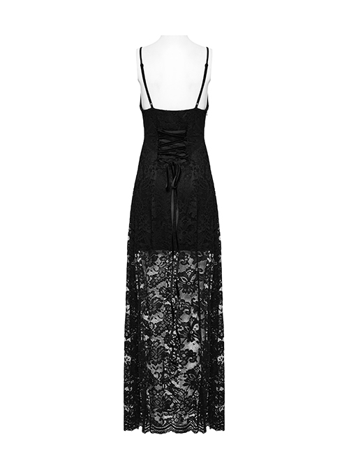 Black Elegant Sexy V Neck Lace Ruffle High Slit Design Daily Versatile Gothic Style Suspender Dress