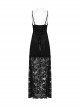 Black Elegant Sexy V Neck Lace Ruffle High Slit Design Daily Versatile Gothic Style Suspender Dress