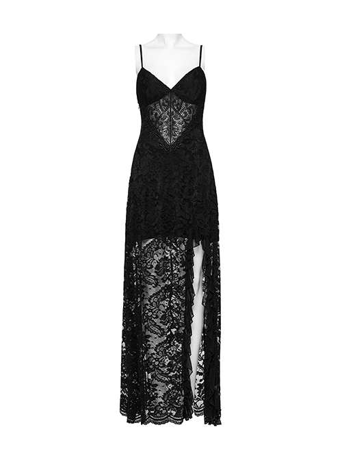 Black Elegant Sexy V Neck Lace Ruffle High Slit Design Daily Versatile Gothic Style Suspender Dress