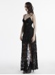 Black Elegant Sexy V Neck Lace Ruffle High Slit Design Daily Versatile Gothic Style Suspender Dress