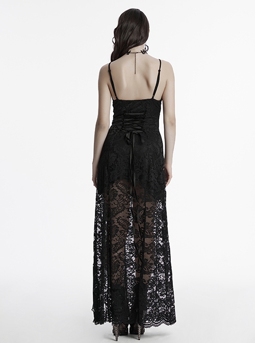 Black Elegant Sexy V Neck Lace Ruffle High Slit Design Daily Versatile Gothic Style Suspender Dress