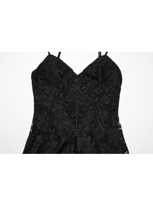 Black Elegant Sexy V Neck Lace Ruffle High Slit Design Daily Versatile Gothic Style Suspender Dress